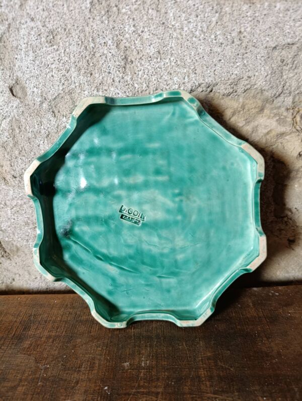 Ensemble de sous-plat et de dessous de verre en majolique vert émeraude vintage de Digoin France.