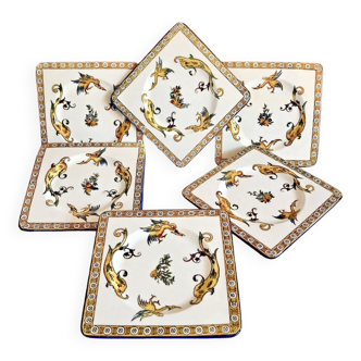 6 Gien square cake plates with white Renaissance decoration 19th