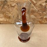 Antique clear blown glass pitcher + orange handle & foot vintage