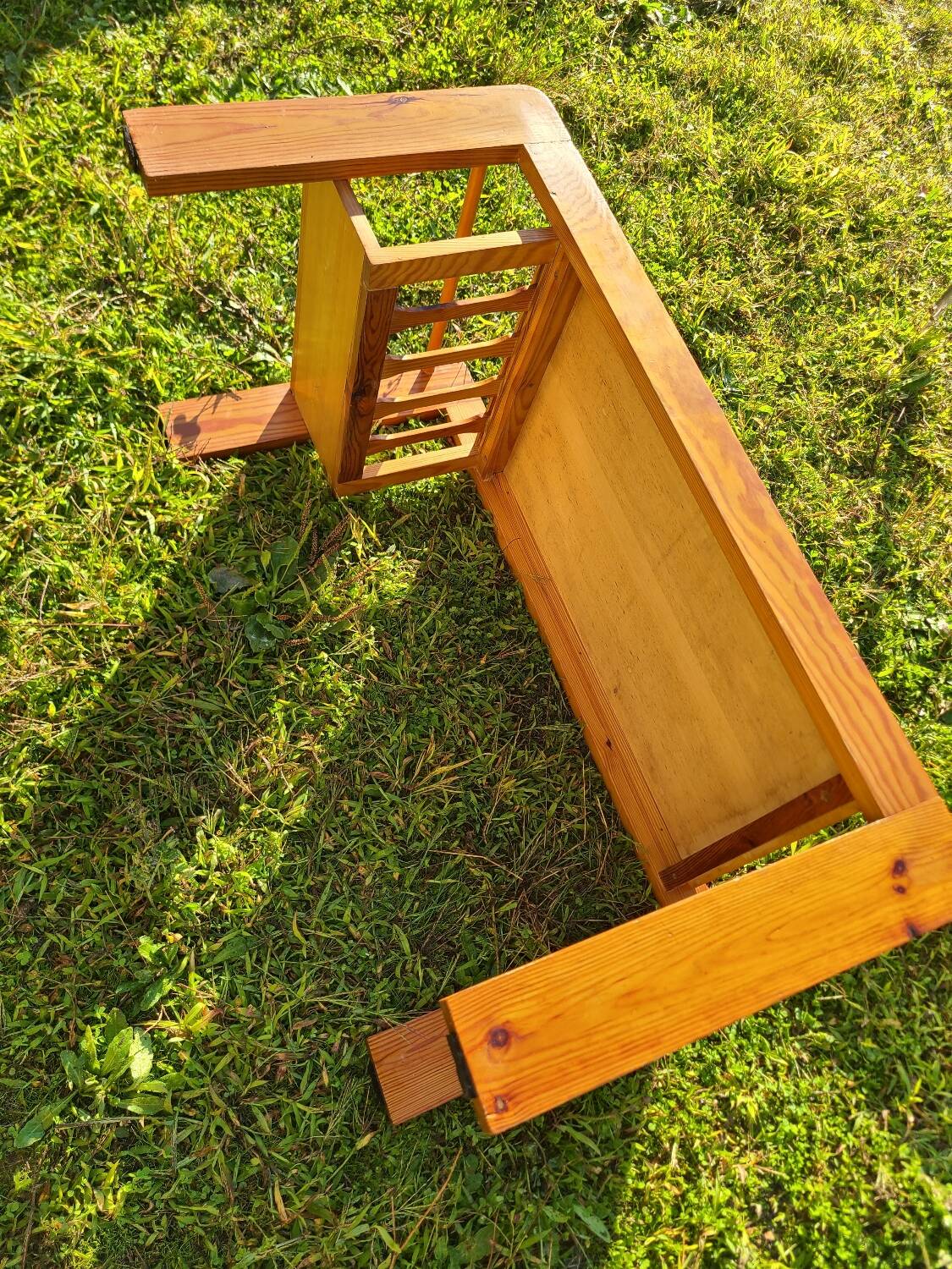 Pine coffee table, 1970s marquetry top, vinyl record rack.