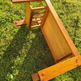 Pine coffee table, 1970s marquetry top, vinyl record rack.
