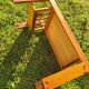 Pine coffee table, 1970s marquetry top, vinyl record rack.