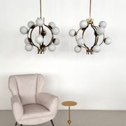 Stilnovo Italian Midcentury Chandelier, Brass & Opaline Glass, 1950s