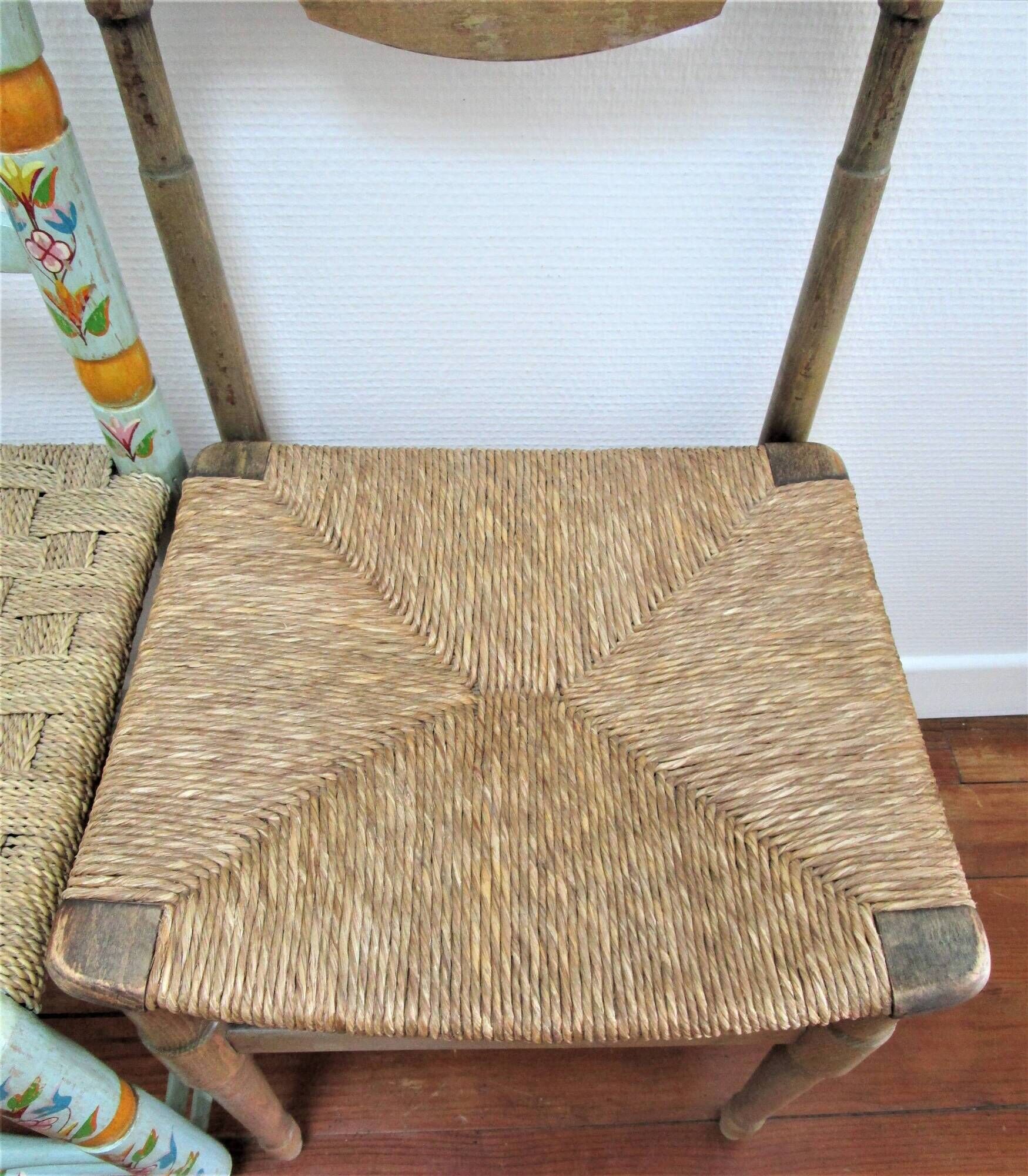 Two chairs patinated polka dots and painted wood folk art seat vintage straw