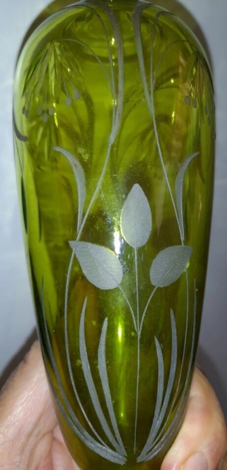 Antique soliflore vases on engraved glass stand