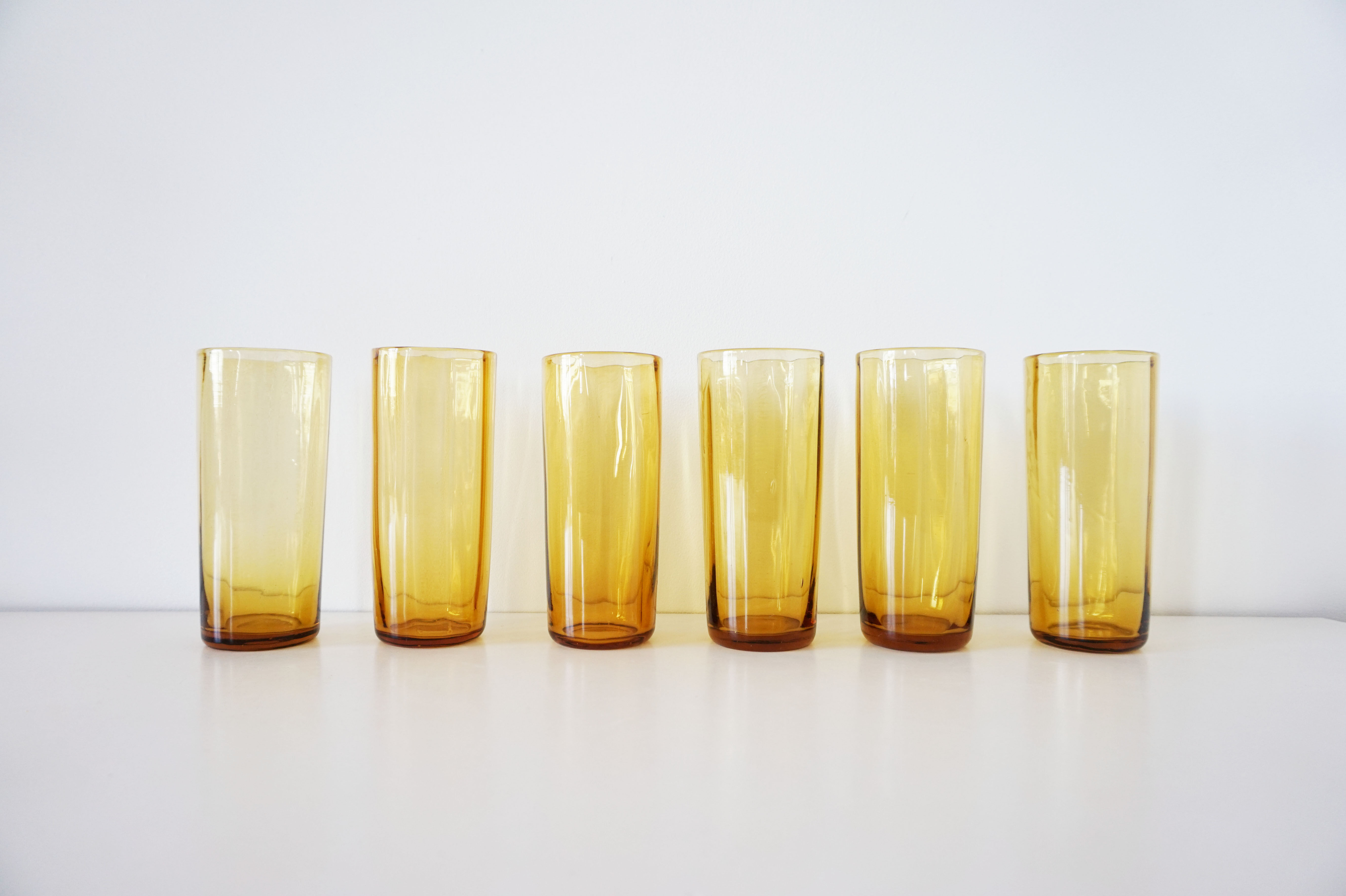 6 amber glass water glasses 1960