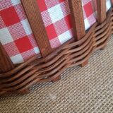 Wicker and red and white gingham checked fabric pendant light - vintage
