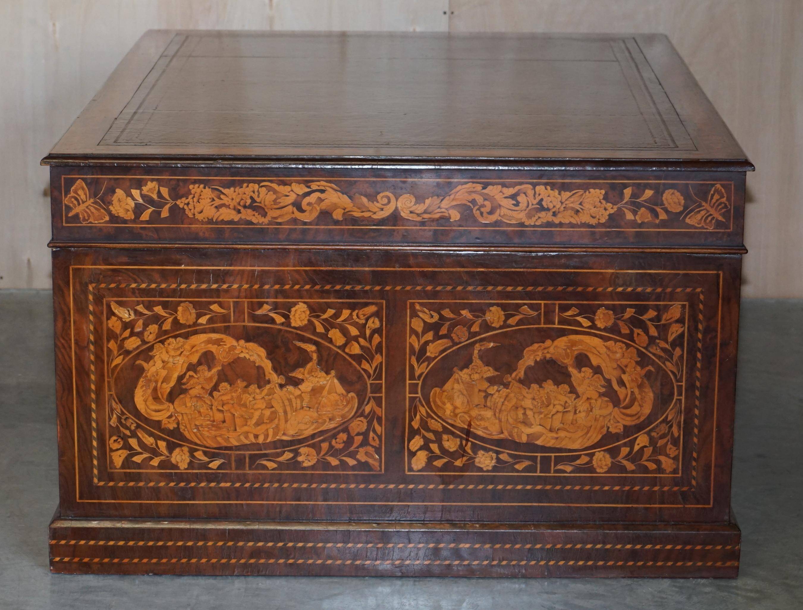 Bureau à caissons jumelés double face avec marqueterie hollandaise antique