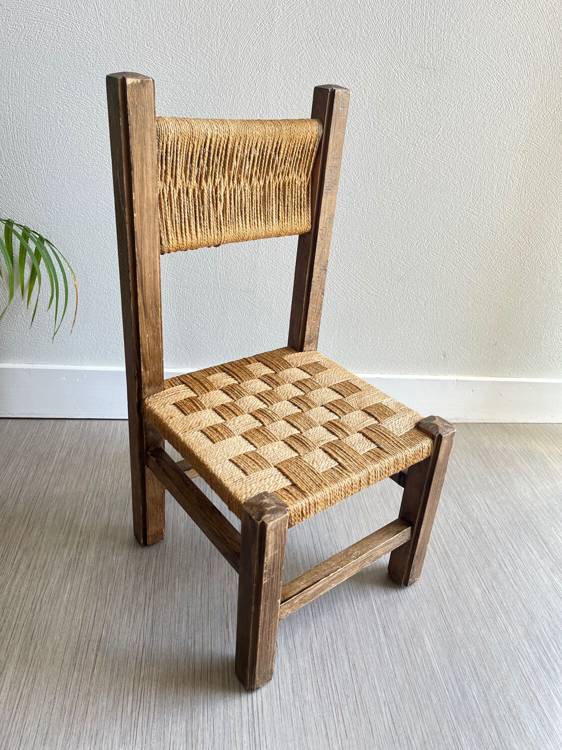 Vintage children's chair wood and rope by Audoux and Minet