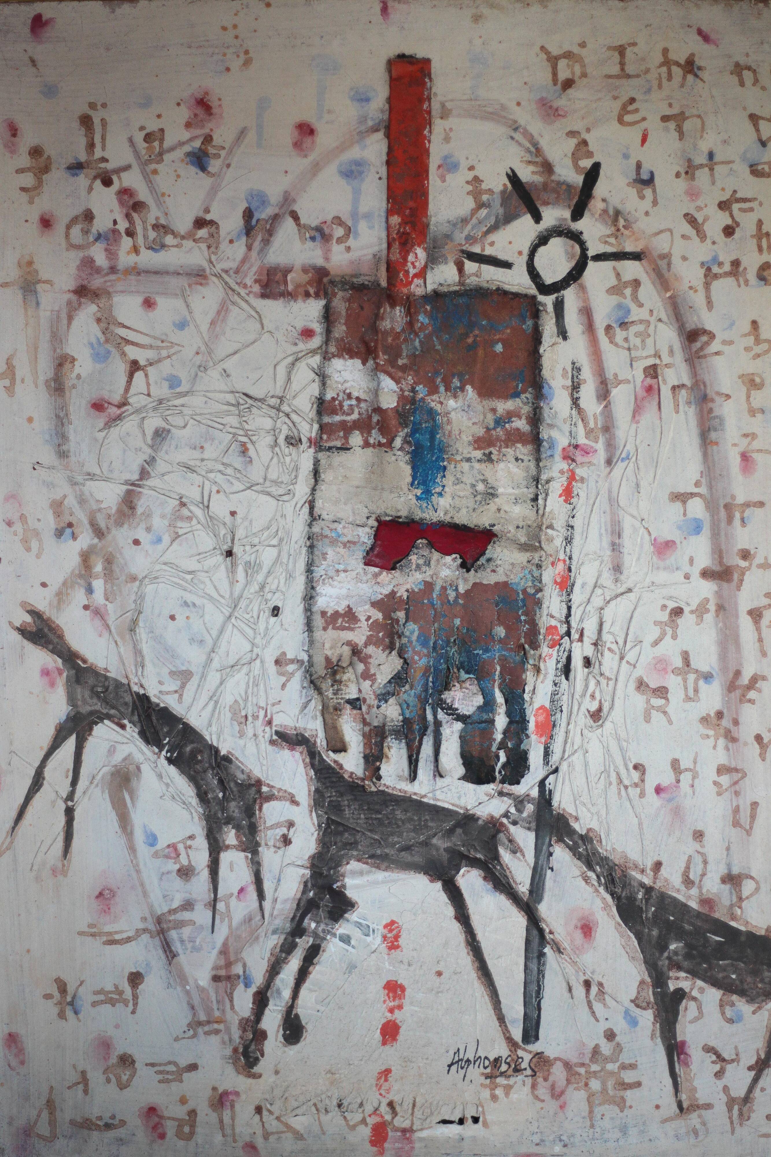 Signed table by Alphonse Sallah, The wolves have entered the city, technique