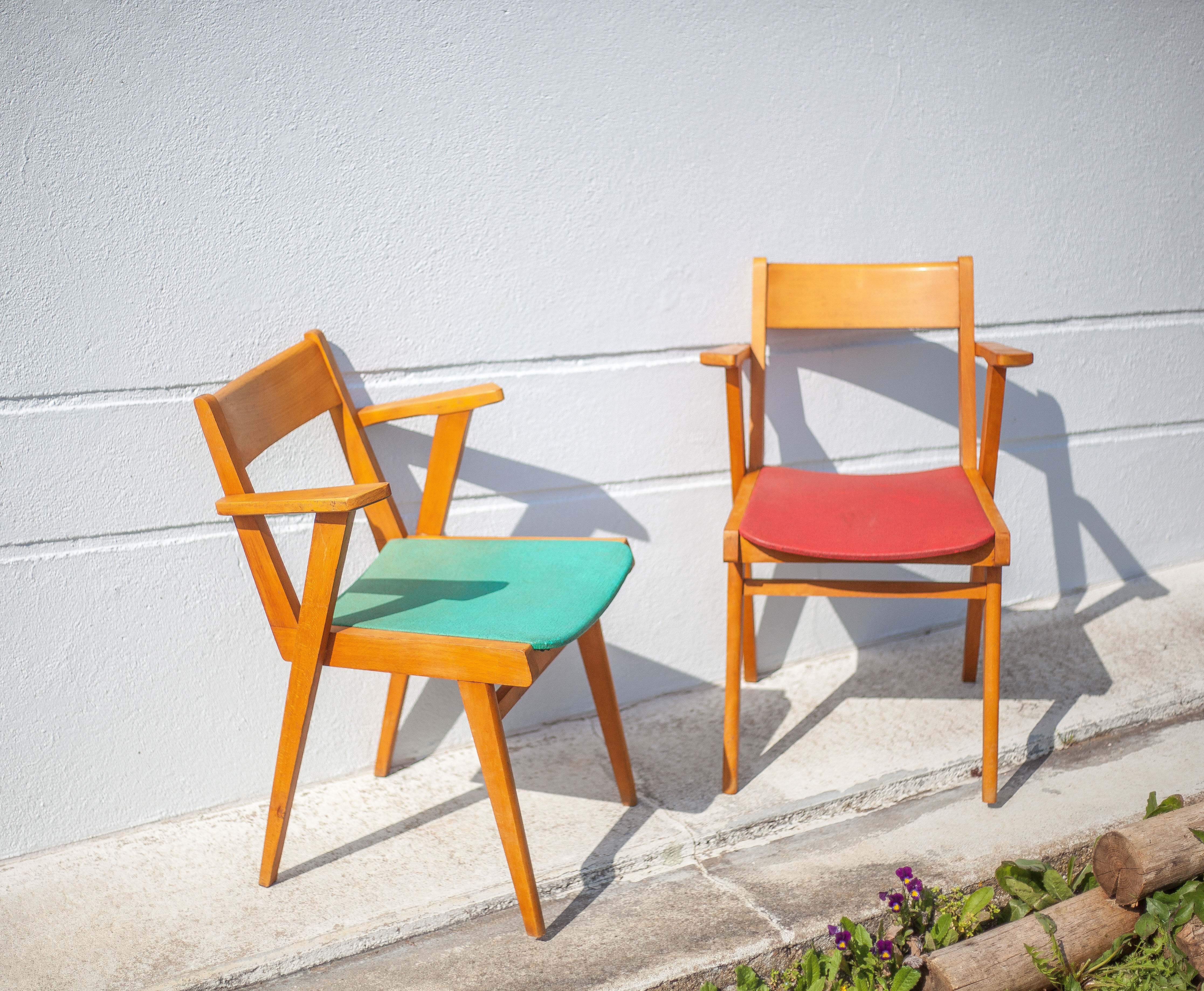 Pair of wooden and skai chairs from the 50s, vintage chairs, chair with armrests, retro