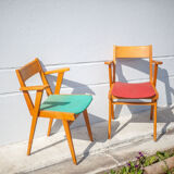 Pair of wooden and skai chairs from the 50s, vintage chairs, chair with armrests, retro