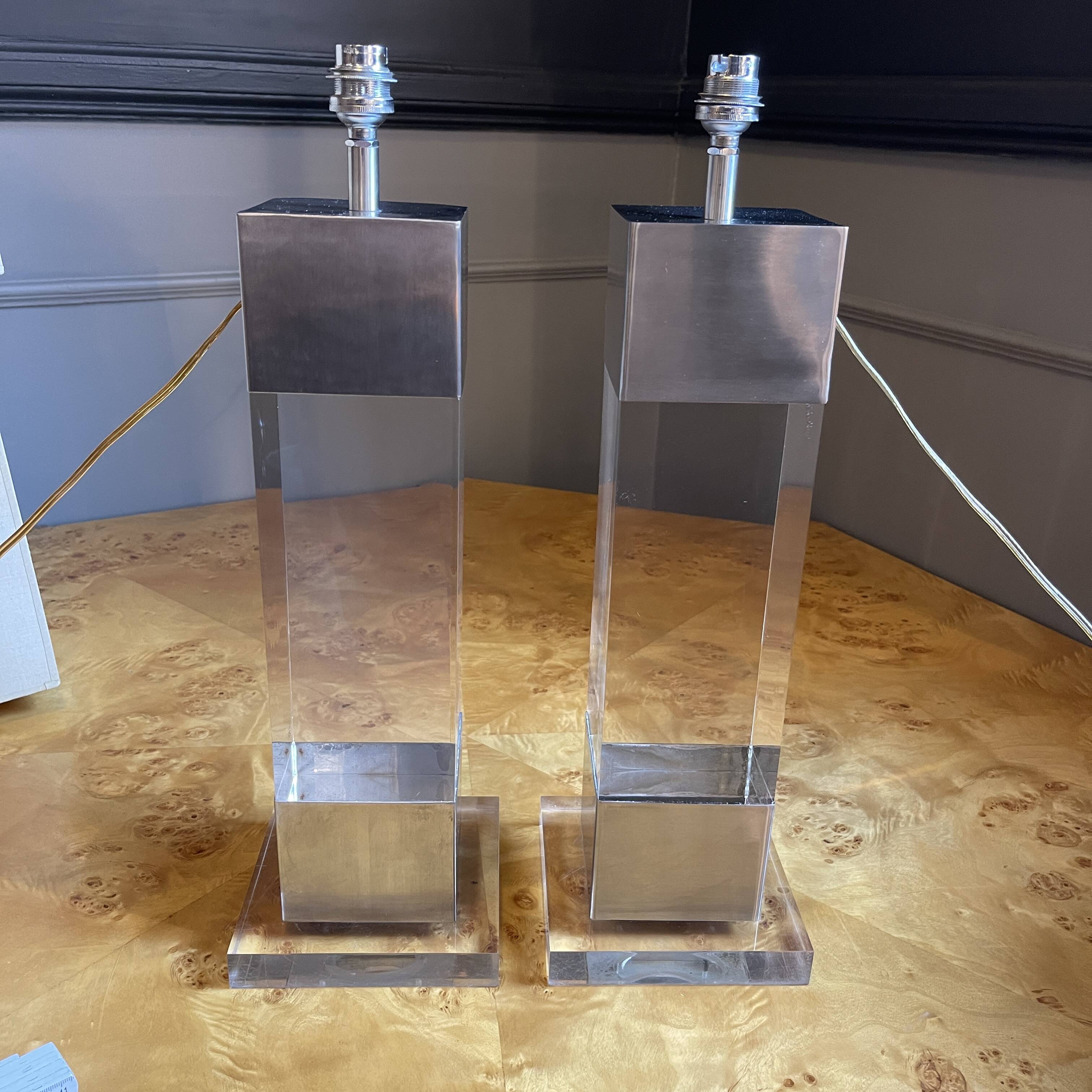 Pair of Plexiglass & Brushed Steel Lamps, Charles Hollis Jones, 1970s