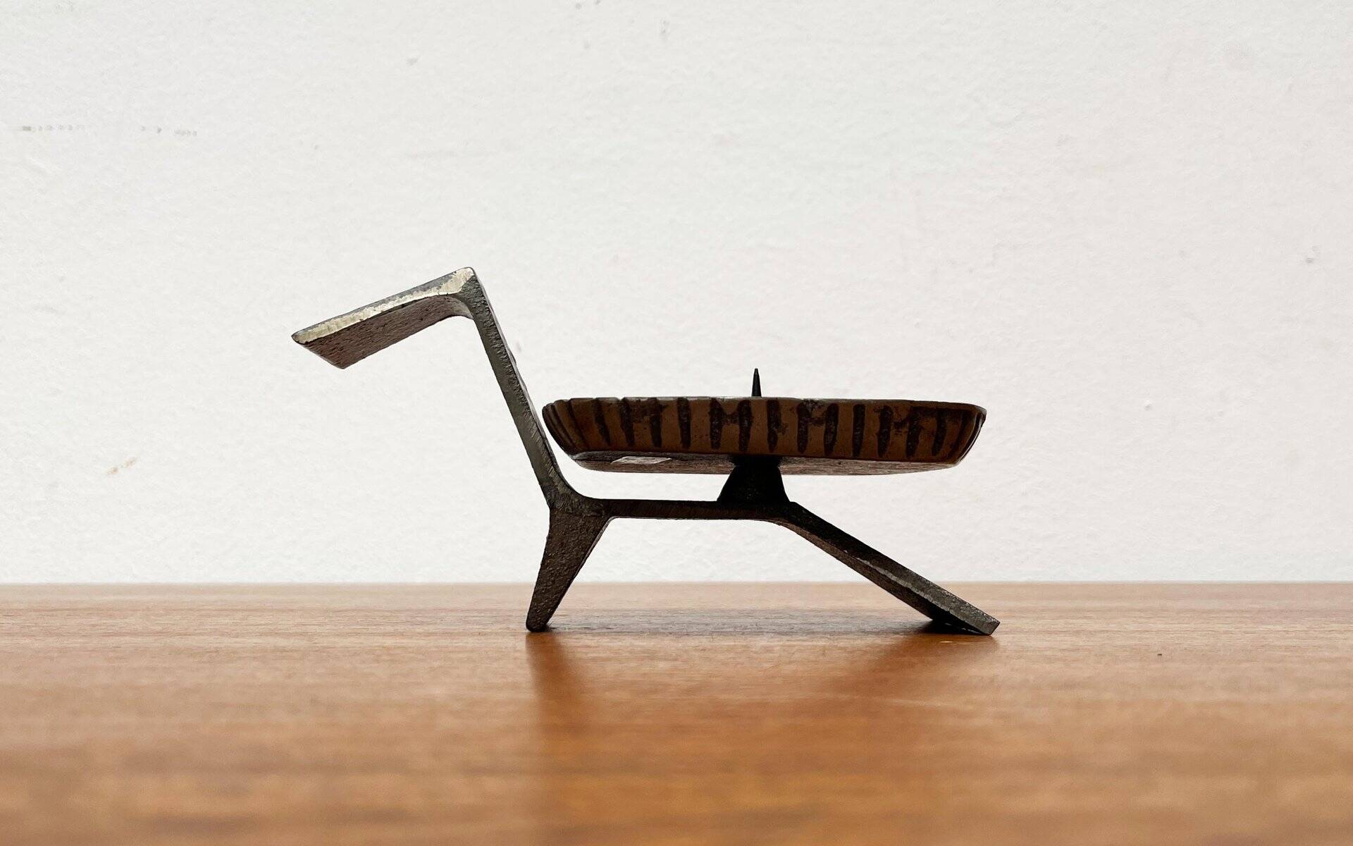 Brutalist Japanese bronze candlestick from the mid-century for Beva, 1960s.