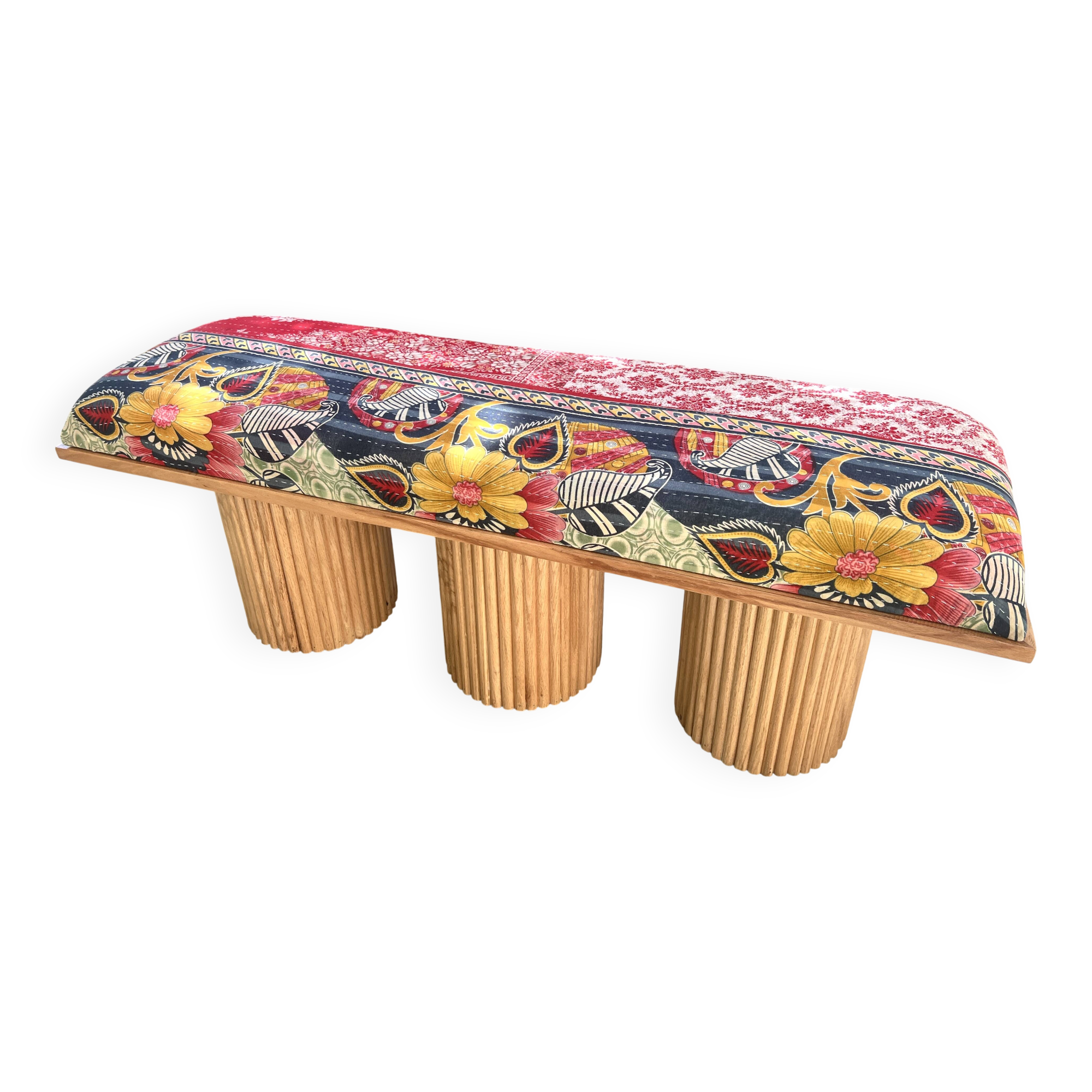 Banc en bois massif de manguier et assise Kantha traditionnel
