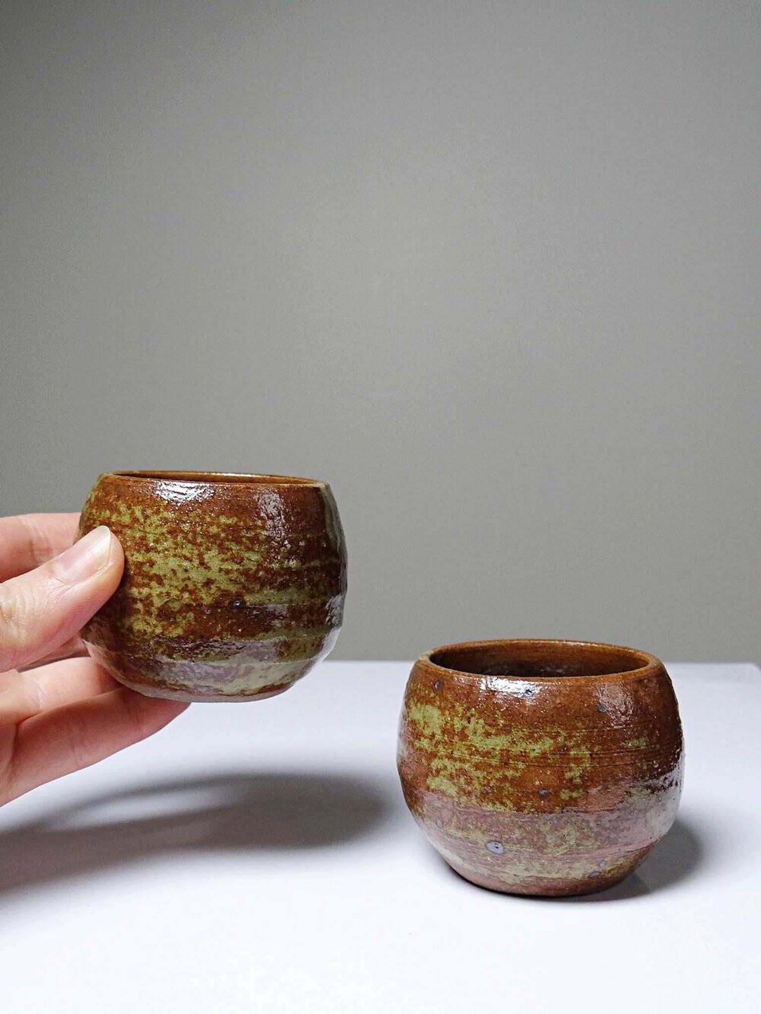 Vintage condiment service in glazed pyrite stoneware, artisanal Baudat La Borne style.