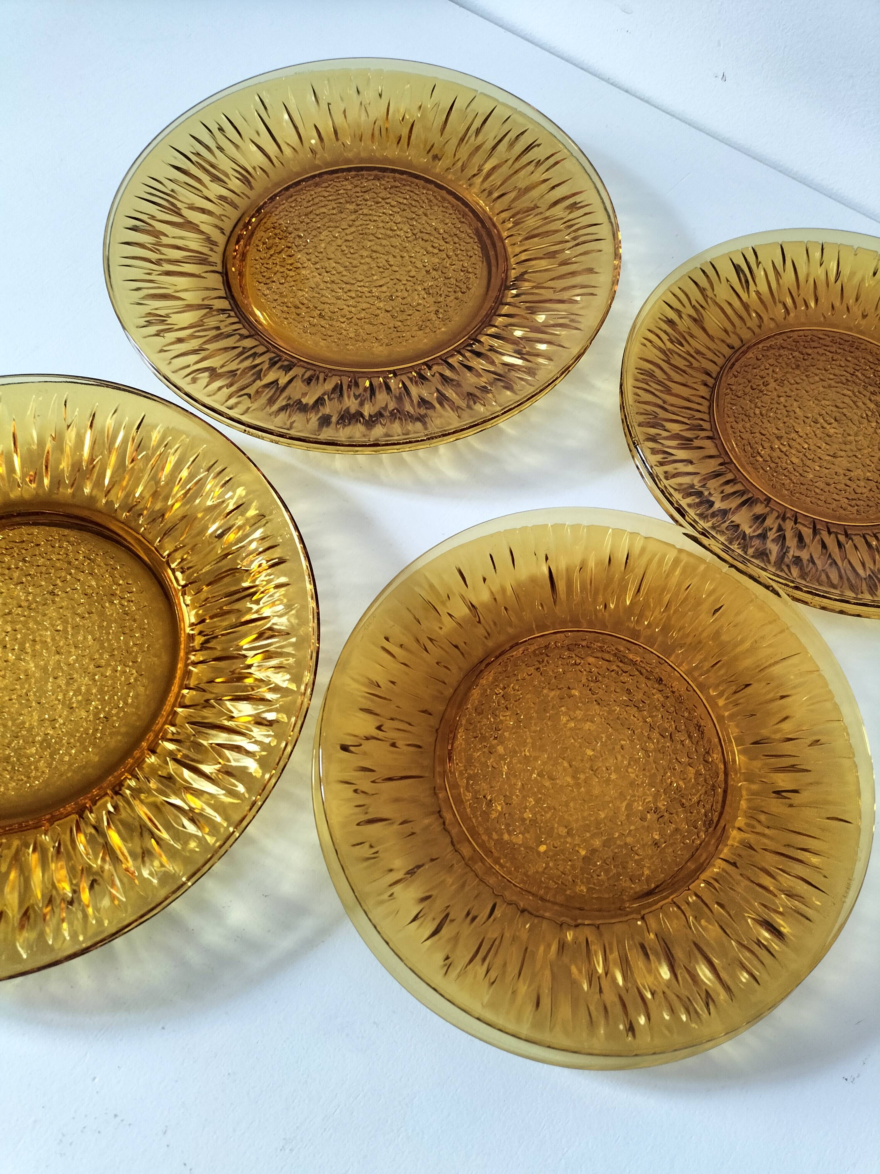 Vereco Sunflower amber plates – 8 vintage pieces (4 dinner plates, 4 dessert plates)