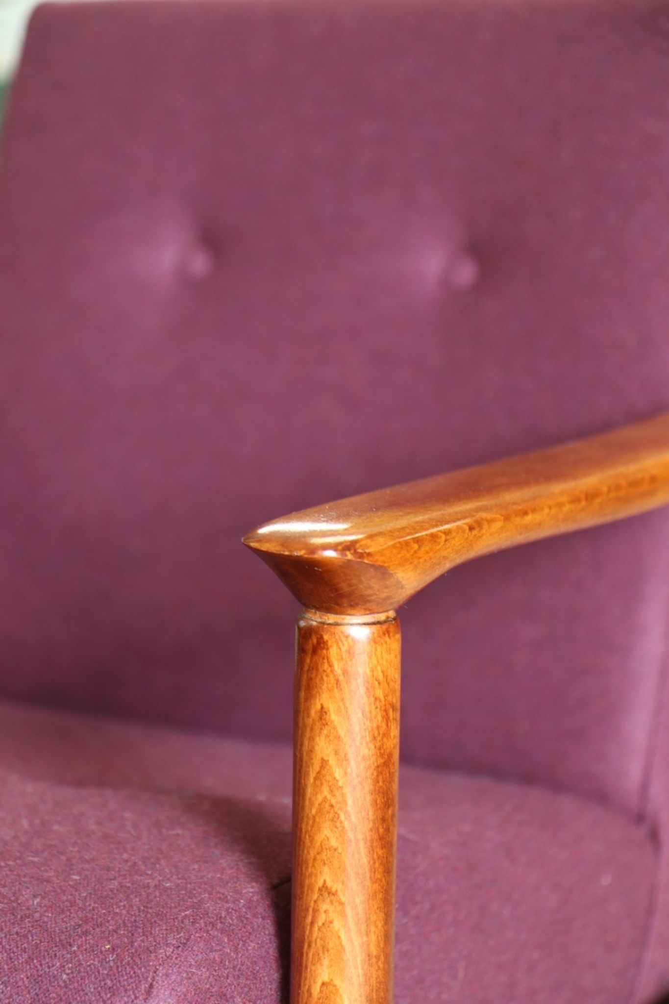 Oryginał wood armchair design by E. Homa 142 aubergine wool vintage chair modern