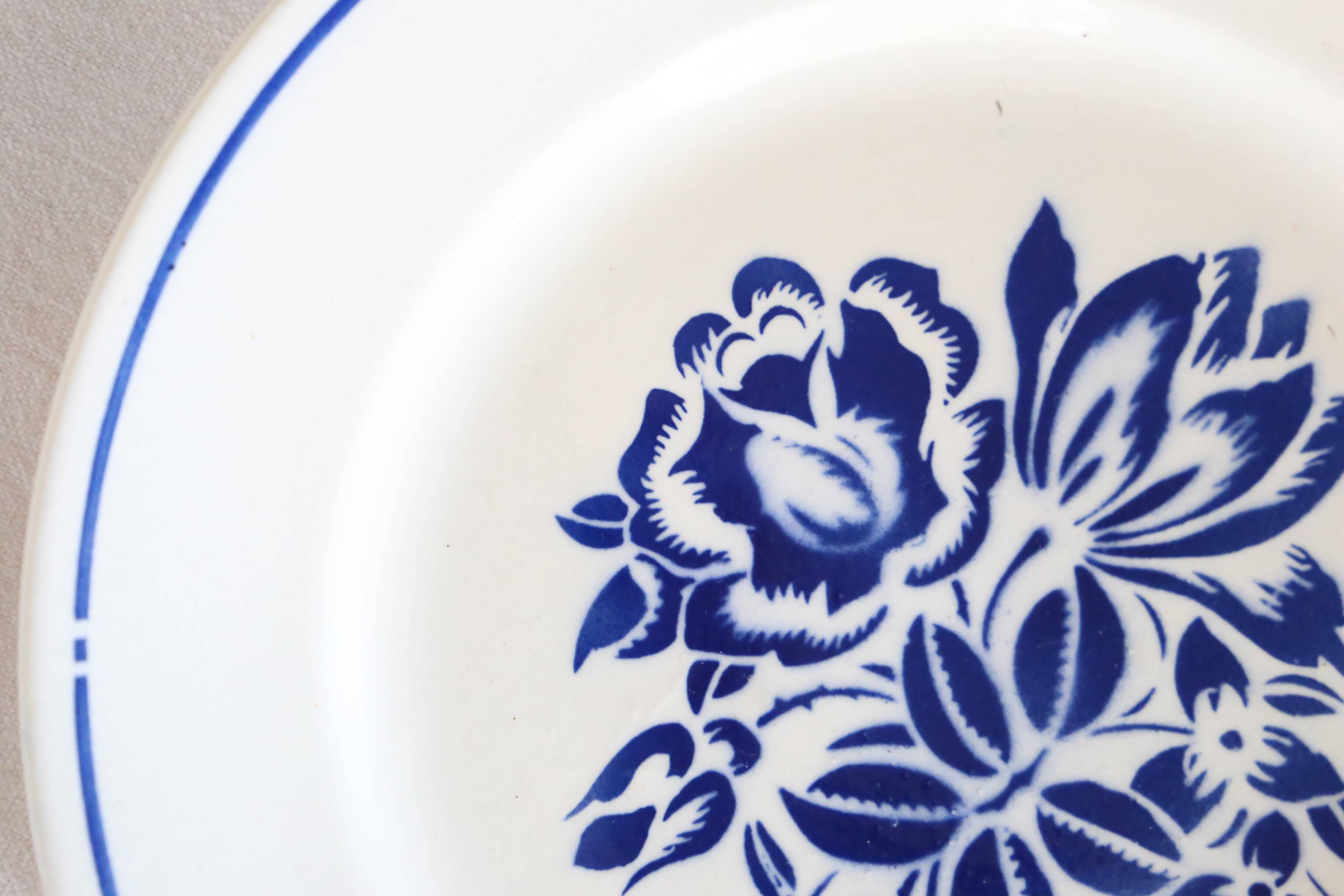Set of 6 Badonviller flat plates, vintage French, authentic, rare, countryside