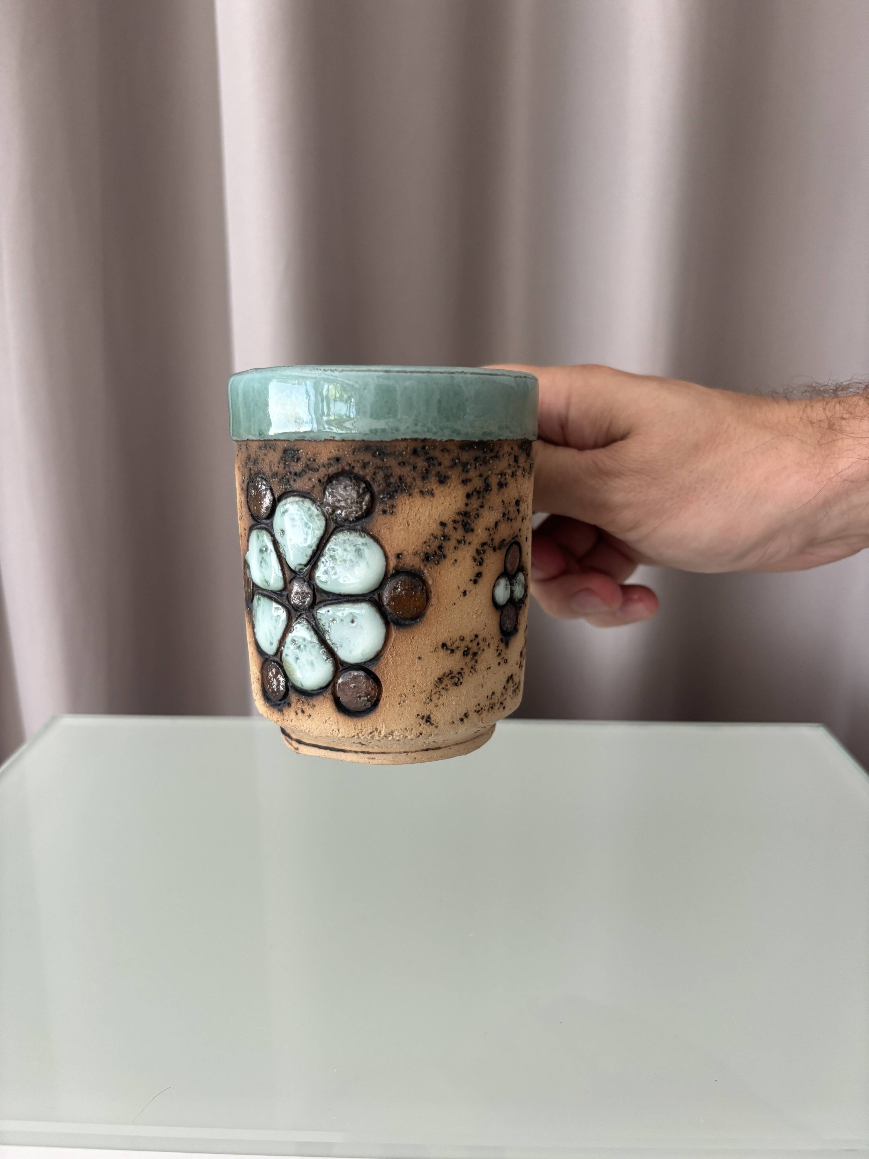 Vintage Handmade Studio Pottery Mug | Brutalist Floral Ceramic | 1970s