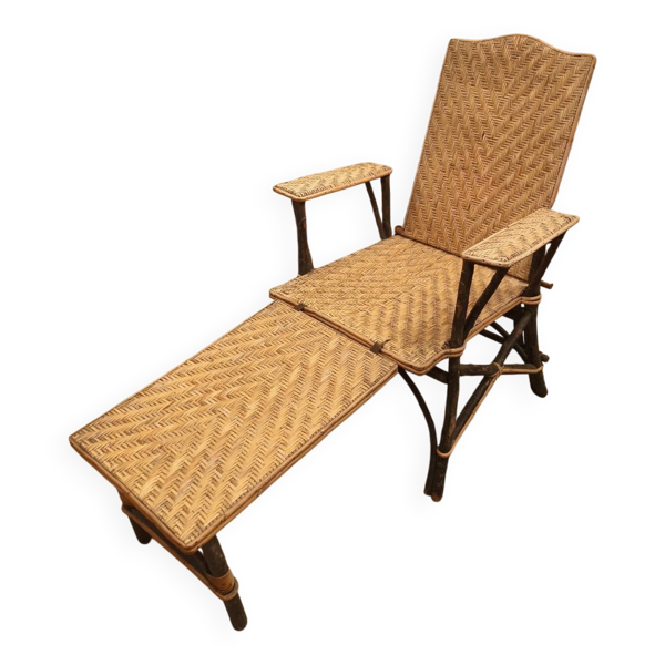 Chaise longue / Transat de vintage en rotin et osier tressé
