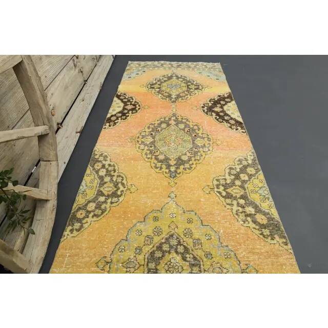 1970s Vintage Turkish Hand-Knotted Wool Cotton Orange Runner Rug 92x390