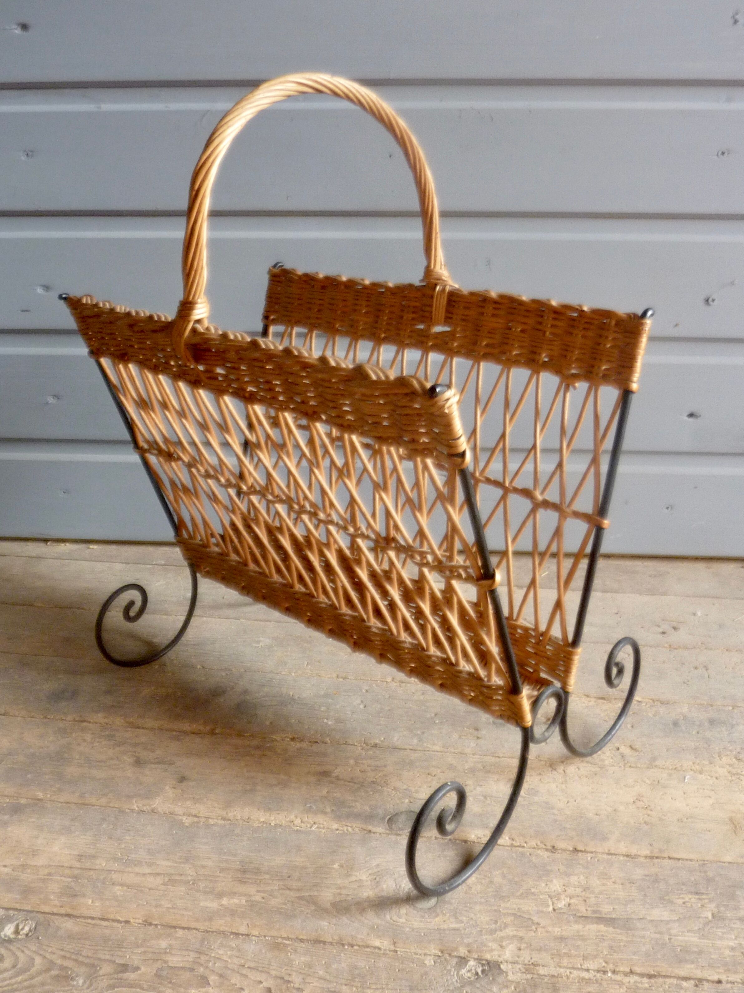 Metal and rattan magazine holder, 1960s