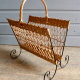 Metal and rattan magazine holder, 1960s
