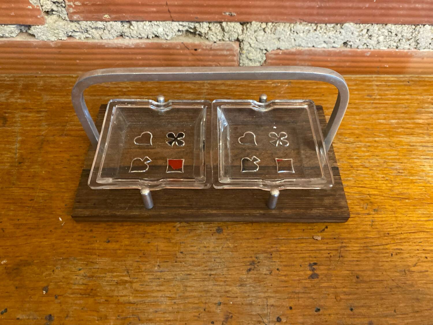 Antique molded glass ashtray + wooden stand & vintage chrome handle