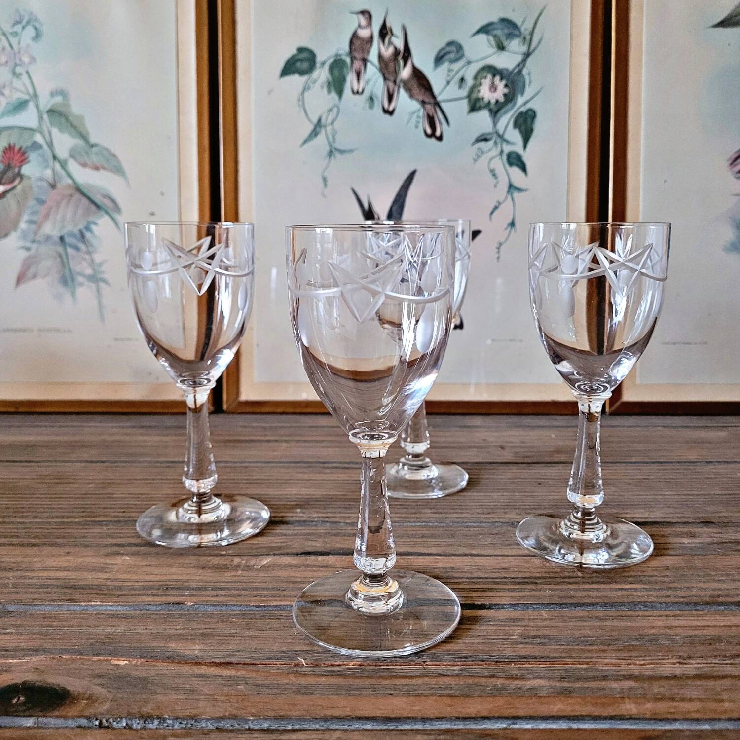 Antique liqueur (digestif) glasses in engraved crystal, geometric decoration