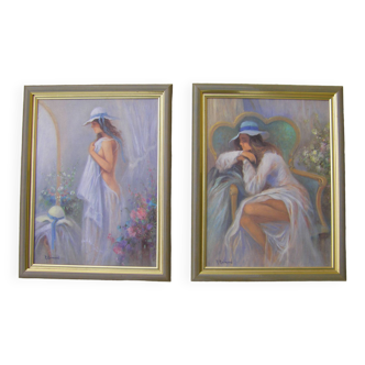 Pair of paintings with feminine decoration
