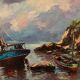 Oil on canvas fishing boats 1950 by Y. Morin