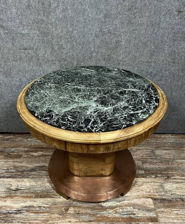 Table art déco en bois, cuivre et marbre – plateau circulaire – vers 1930