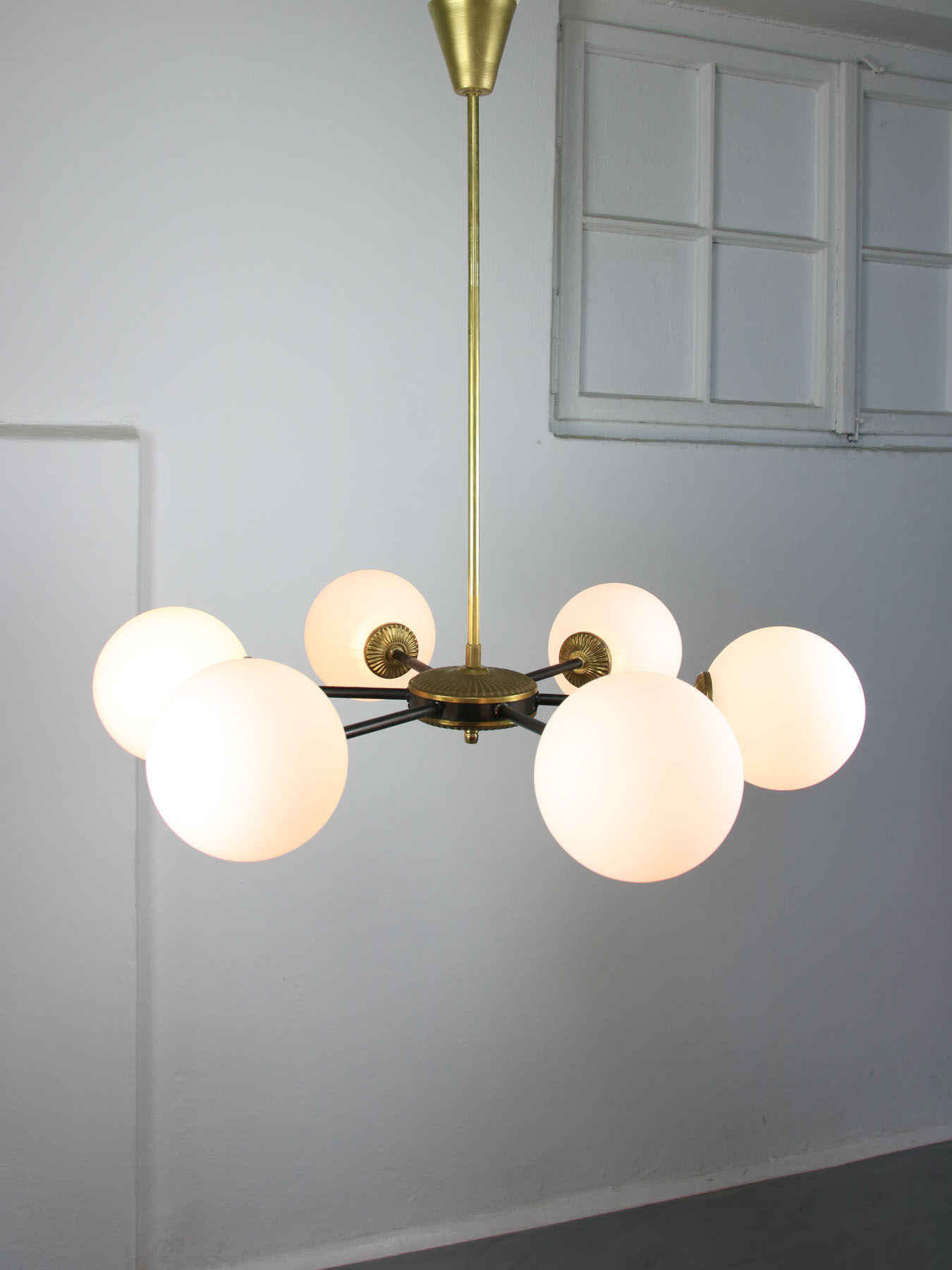 Mid-century sputnik brass and opaline glass chandelier