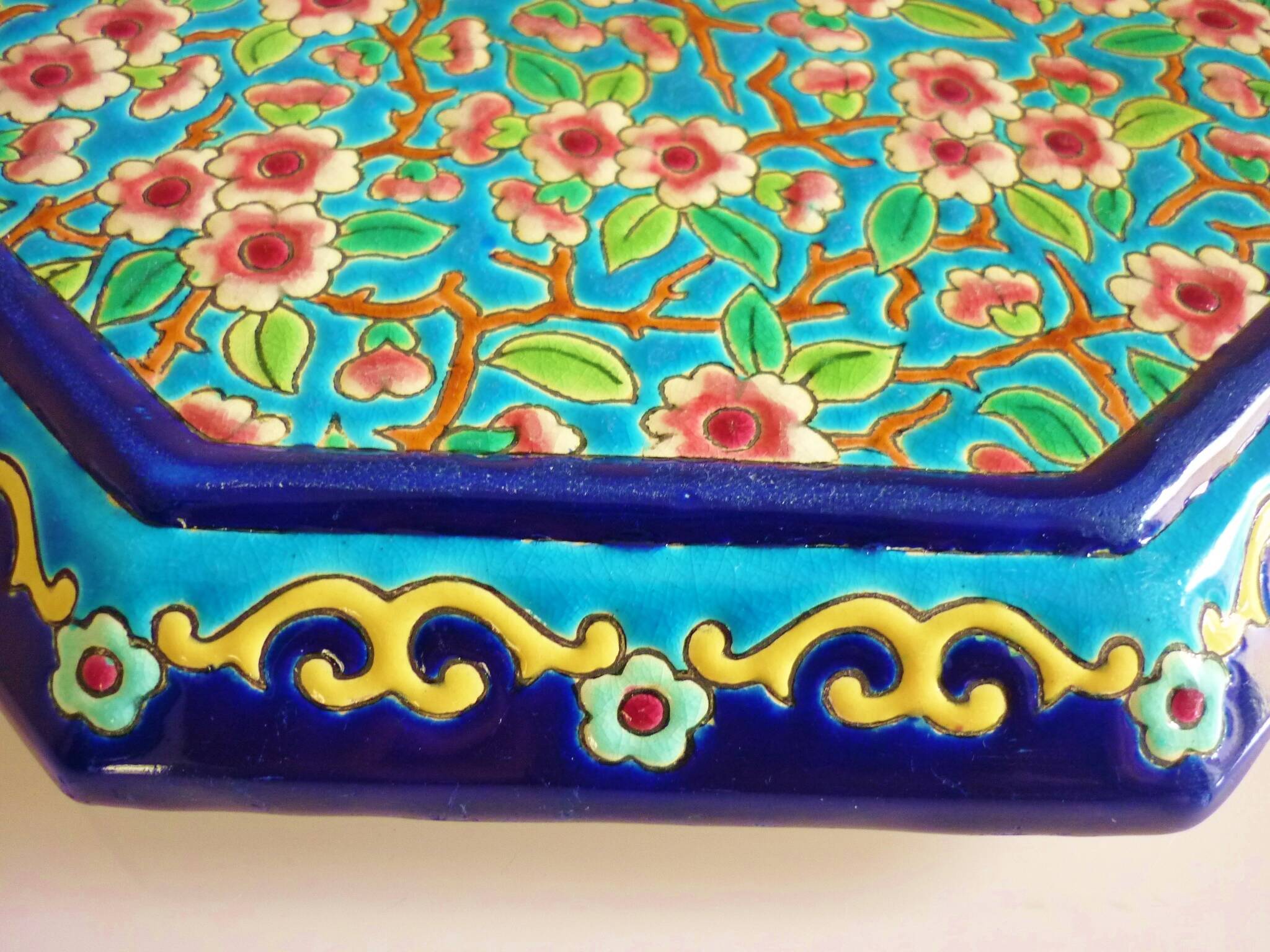 Glazed ceramic trivet, Longwy enamels, art deco