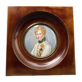 Hand-painted miniature Portrait Empire Mid-XXth Wooden frame