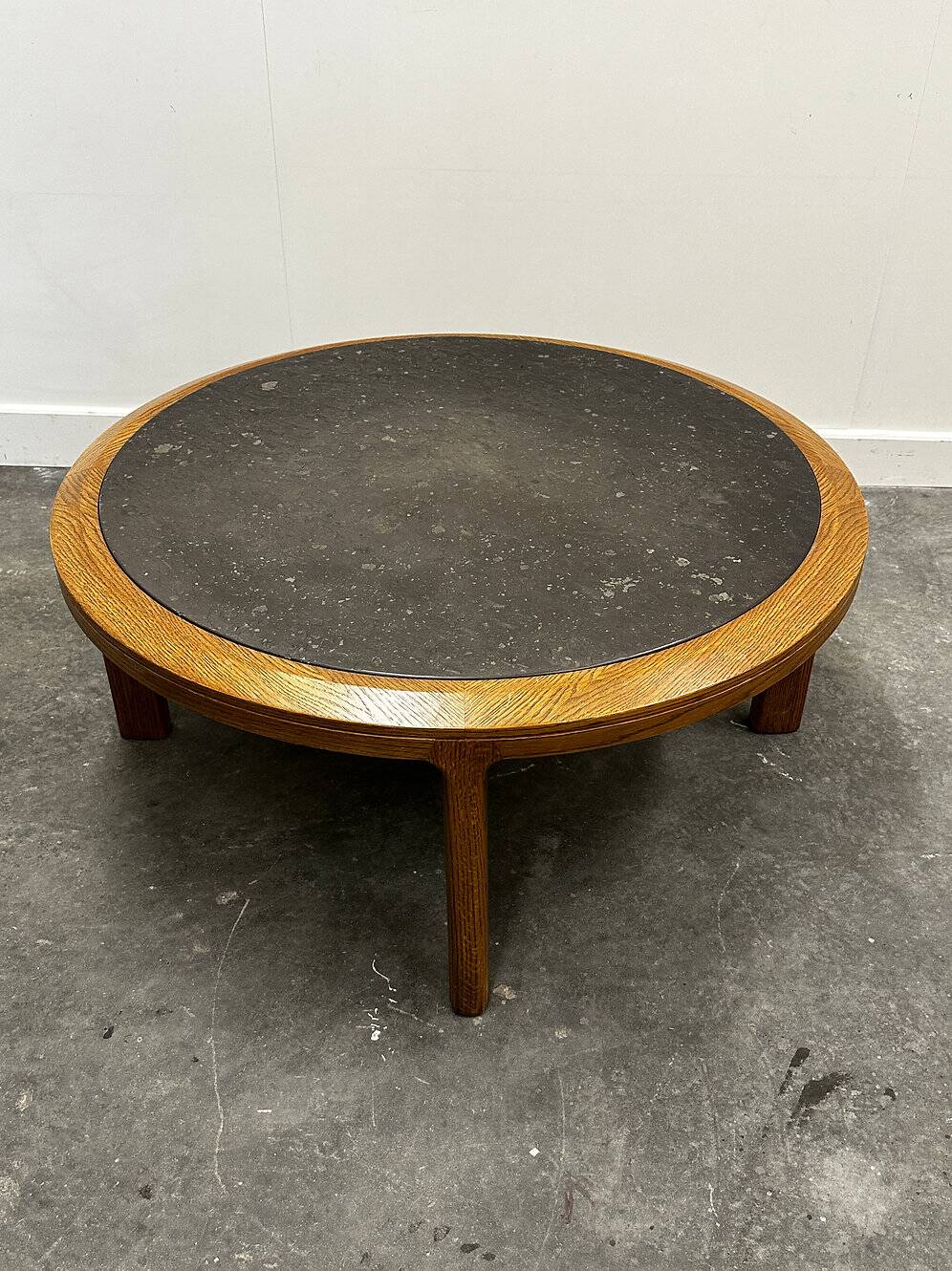 Vintage round textured slate and solid oak coffee table, France, 1970s