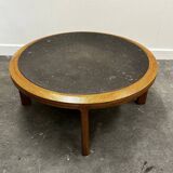 Vintage round textured slate and solid oak coffee table, France, 1970s