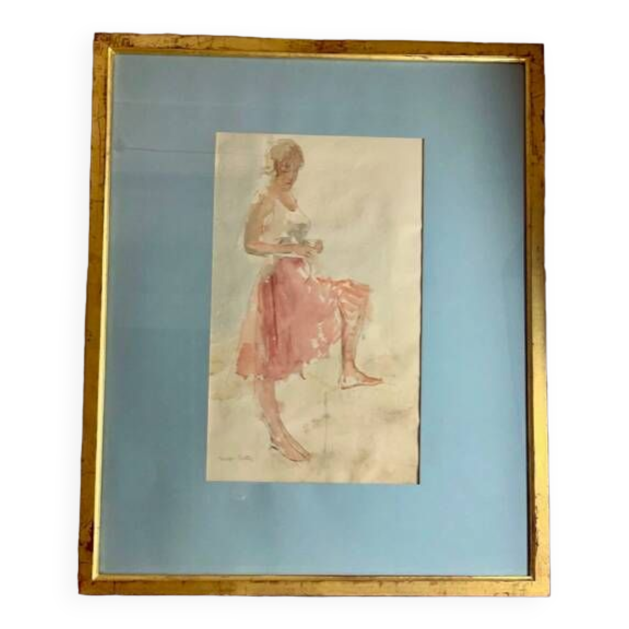 Elegant watercolor on paper depicting a young woman, signed George Bulter
