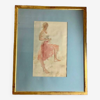 Elegant watercolor on paper depicting a young woman, signed George Bulter