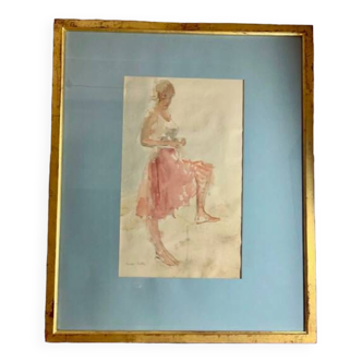 Elegant watercolor on paper depicting a young woman, signed George Bulter