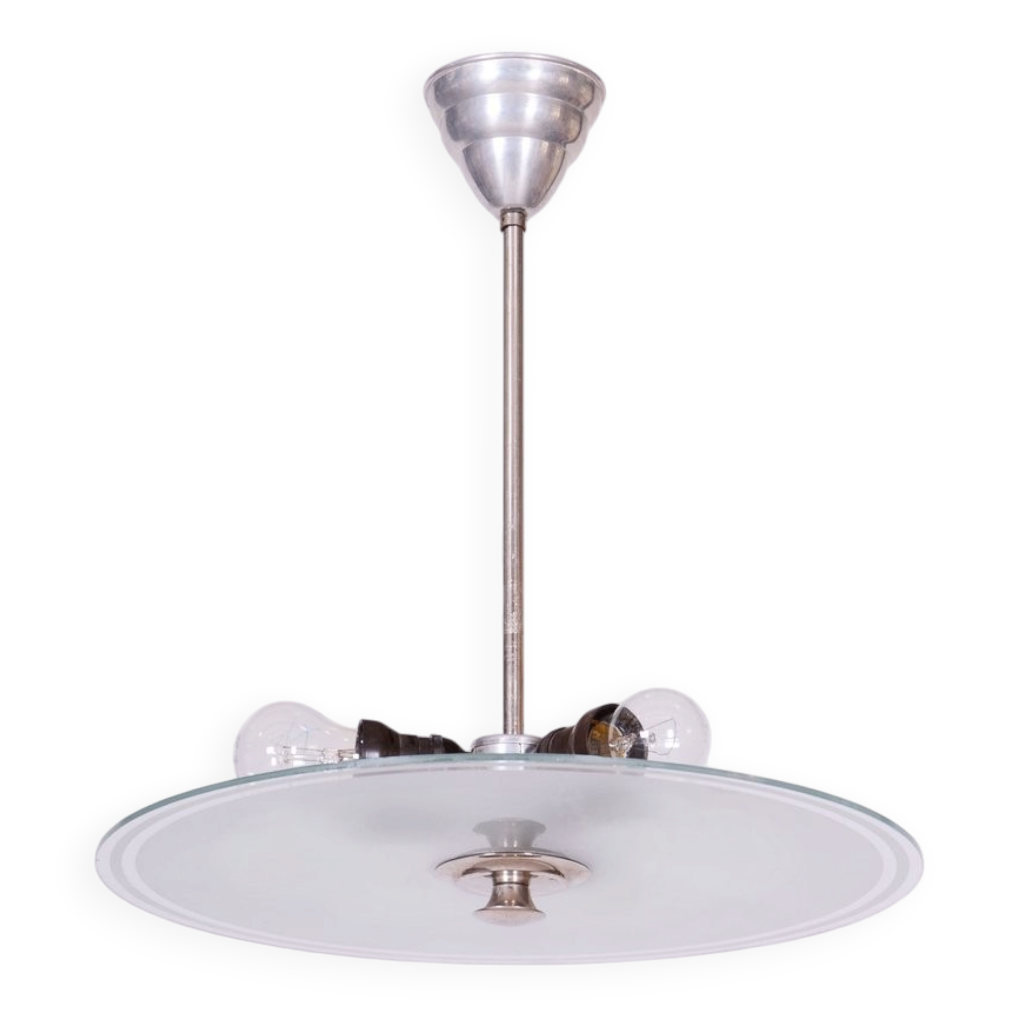 Bauhaus Chandelier in Chrome, Steel and Frosted Glass, Czech, 1930s