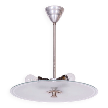 Lustre Bauhaus en chrome, acier et verre dépoli, tchèque, années 1930