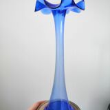 Vase bleu cobalt vintage bord onduler - verre souffle