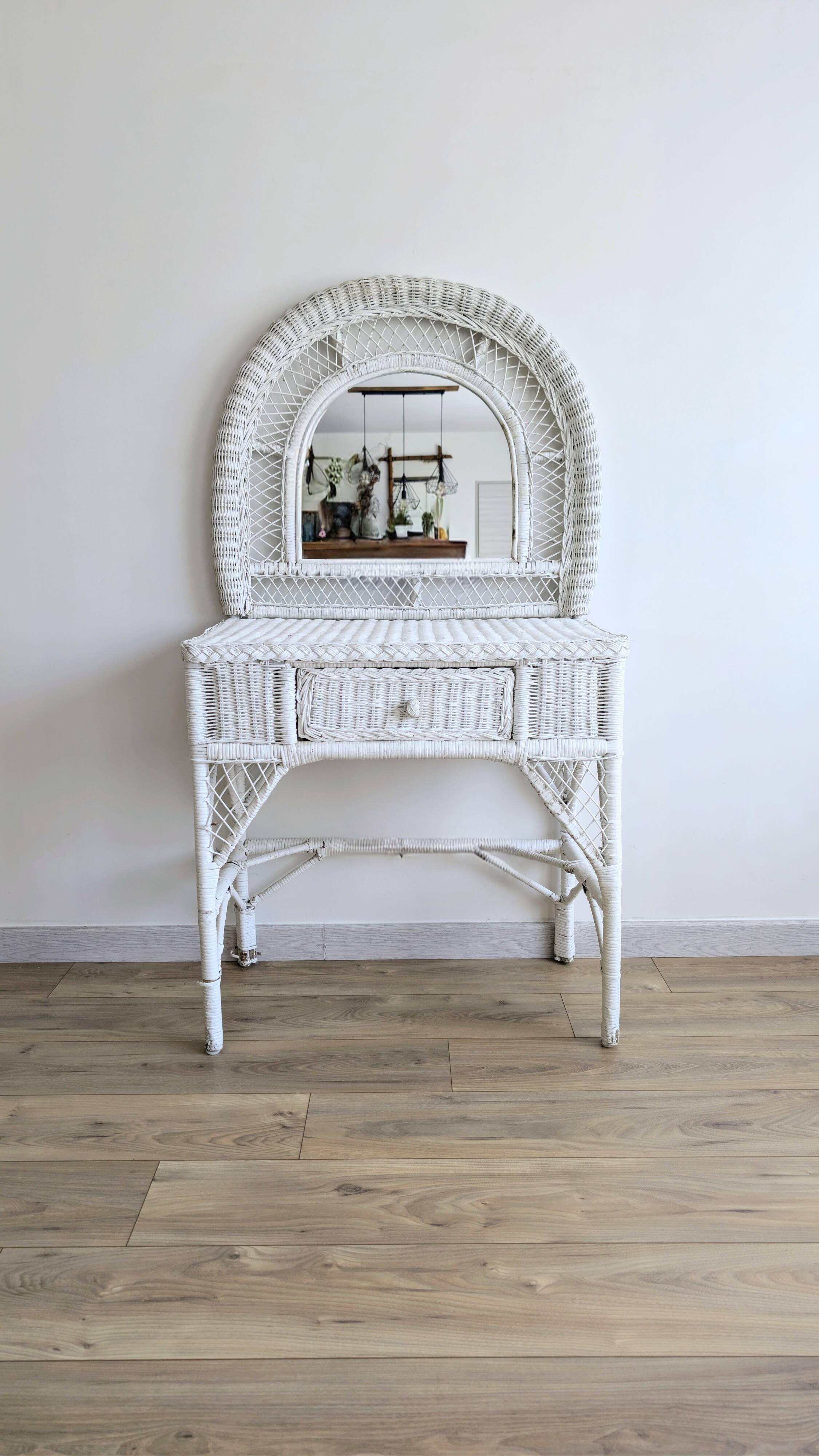 White rattan dressing table, shabby chic style, 1970s.