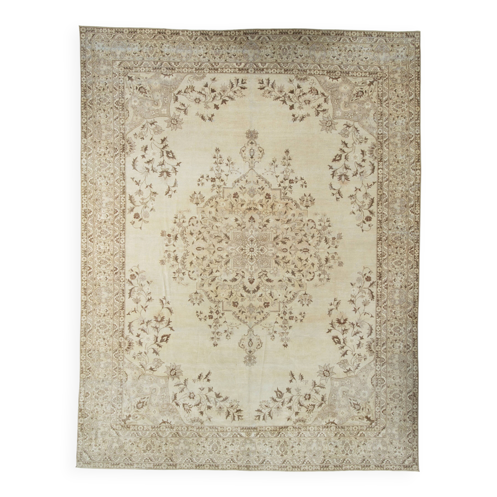 Tapis Vintage Beige Clair Motif Médaillon Floral Élégant, 354x458 Cm