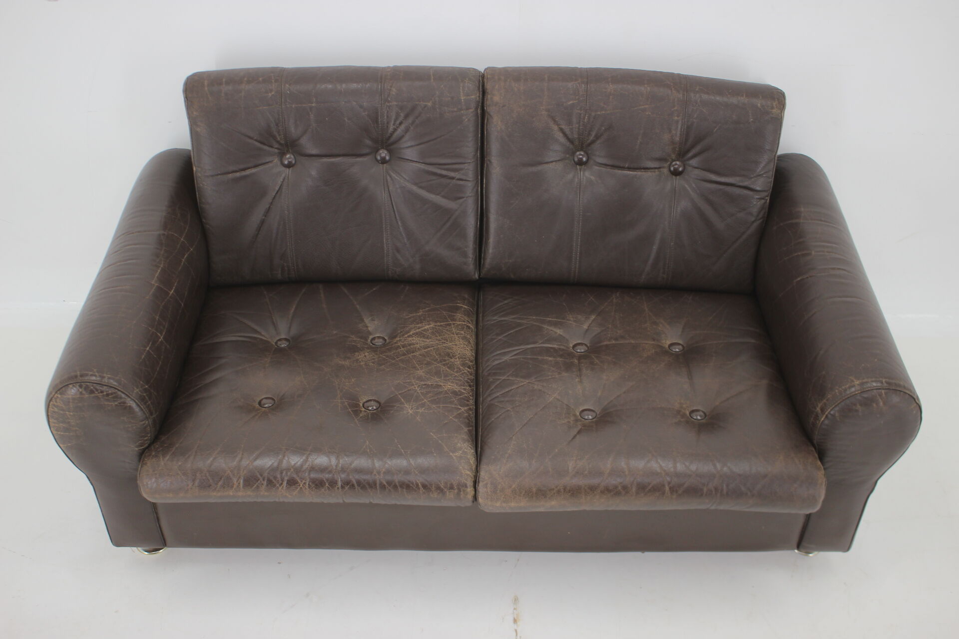 1970s Danish Brown Leather 2 Seater Sofa