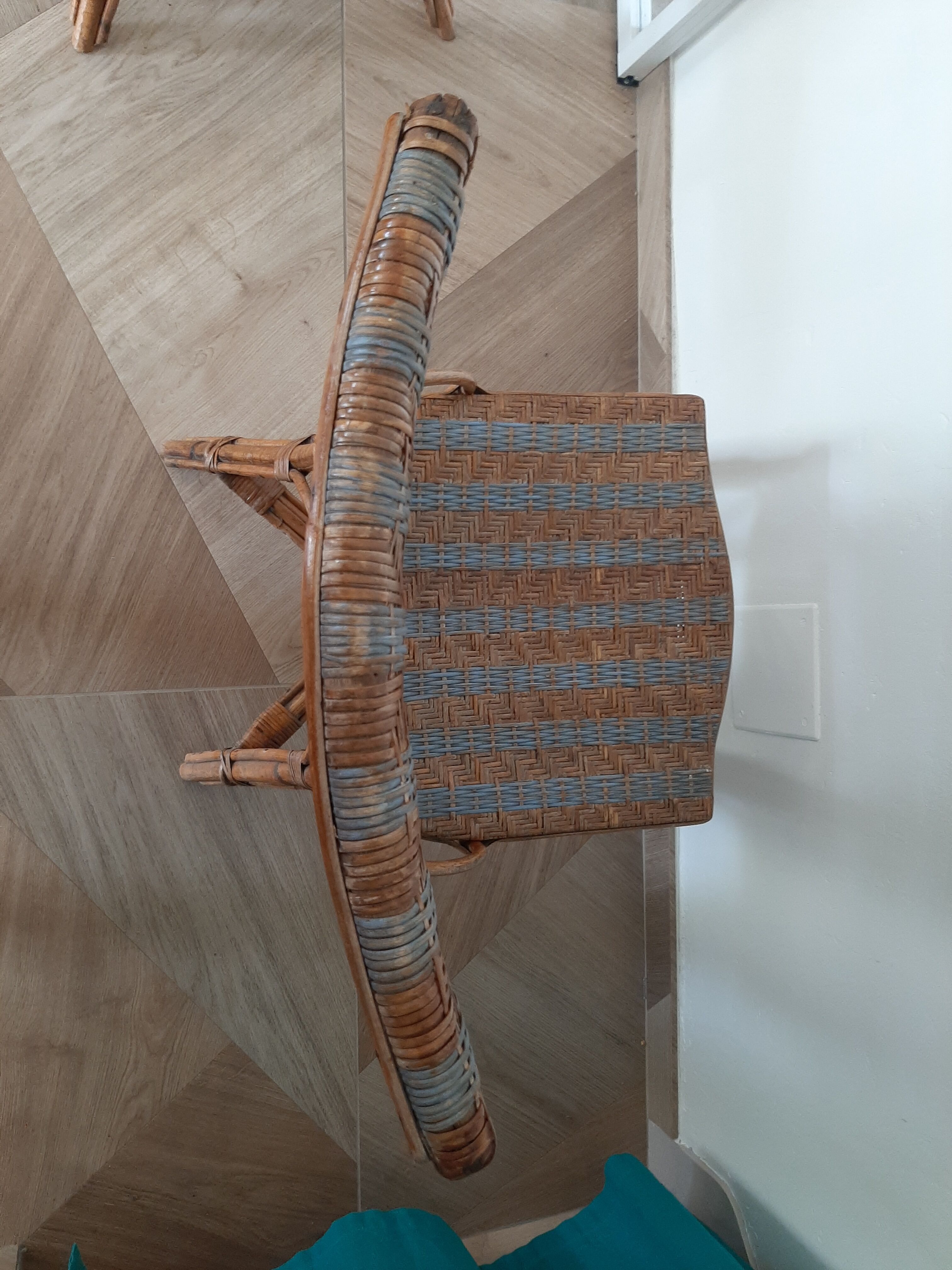 2 woven rattan garden chairs – sky blue net patterns – 1940s