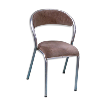 Chaise en velours beige et chrome forme courbée vintage 1950