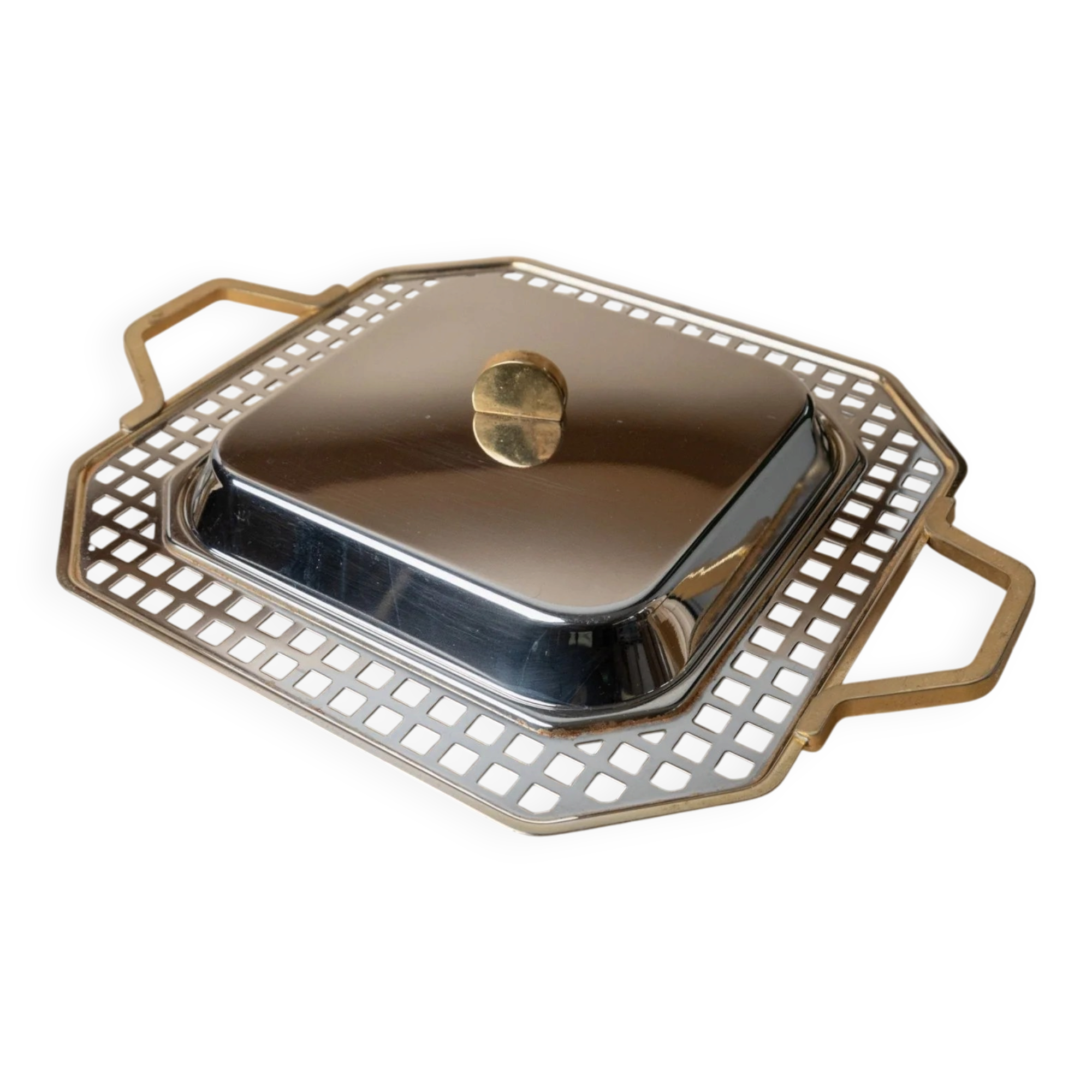 Vintage stainless steel platter, Inoxpran serving dish Orchidea line - gold rim - Italian design from the 1980s - table decoration, gift